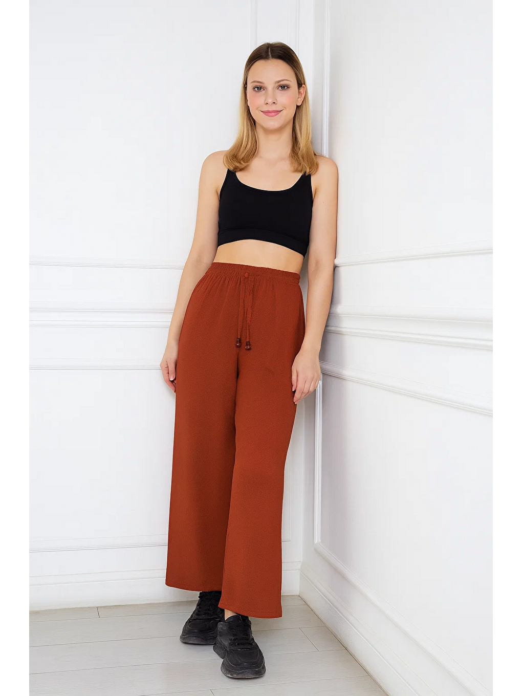 Kahverengi Kadın Aerobin Geniş Paça Palazzo Bel Lastikli Pantolon-3