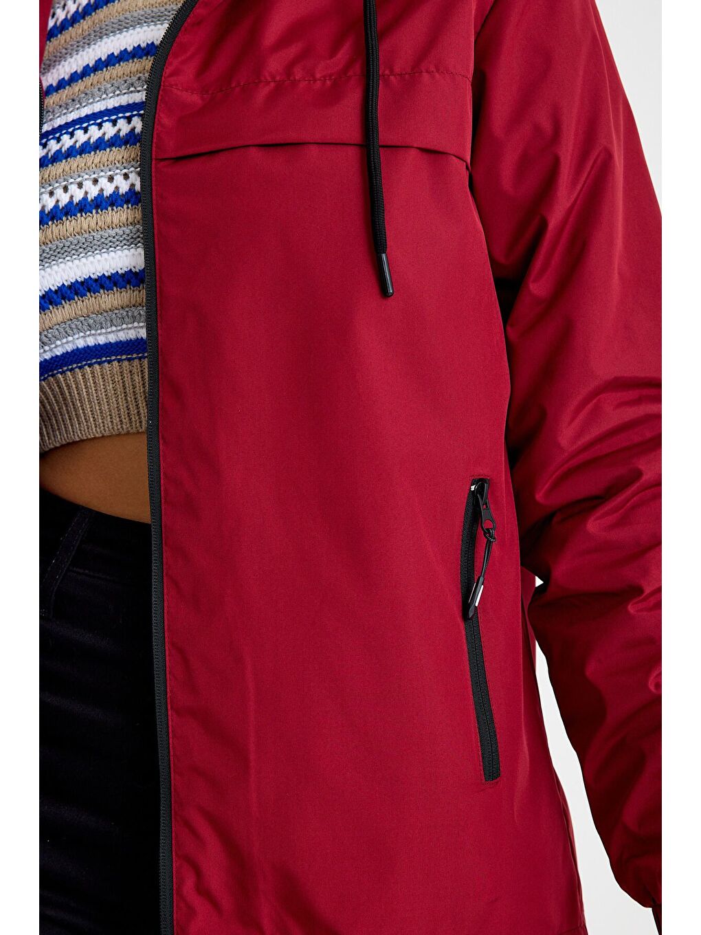 Kadın Astarlı Kapüşonlu Bordo Rüzgarlık & Yağmurluk-3