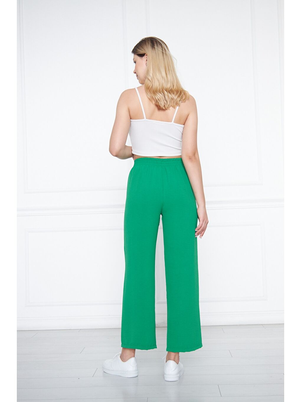 Yeşil Kadın Aerobin Geniş Paça Palazzo Bel Lastikli Pantolon-3