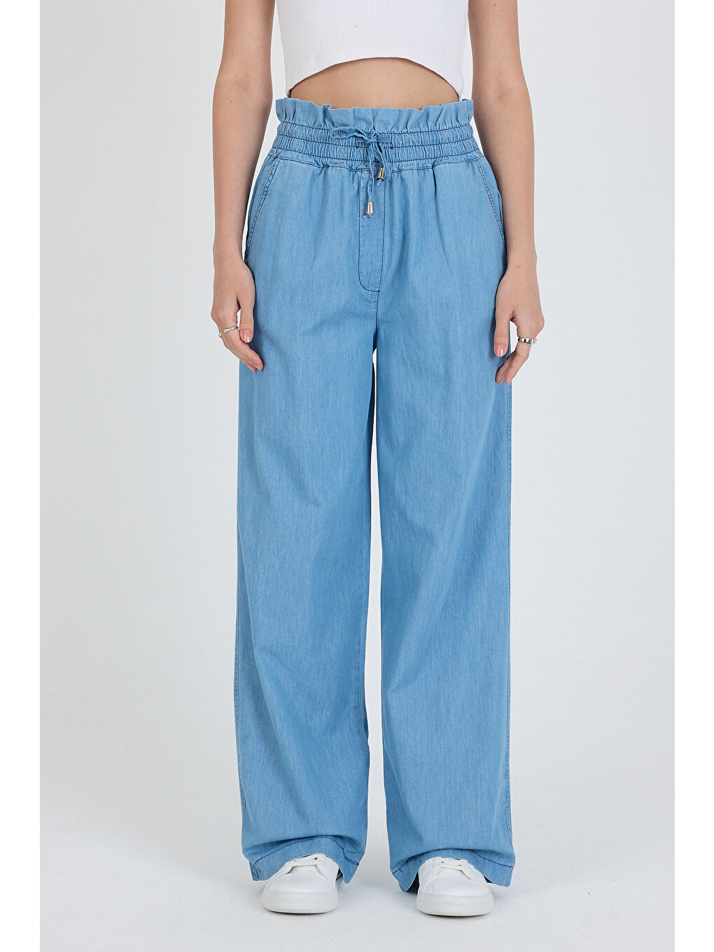 Mavi Beli Lastikli Bol Paça Cepli %100 Pamuk  Kadın Jean  Pantolon 5031-1