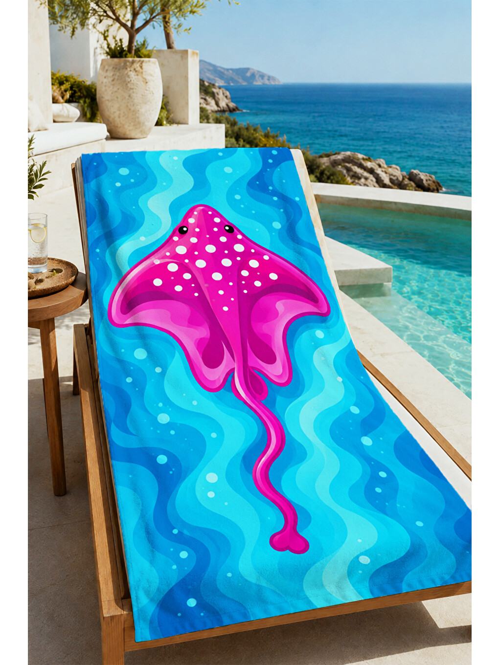 Modern Pembe Deniz Kabuğu Mavi Dalga Yazlık Desenli 70x150 Plaj Havlusu - Pamuklu Banyo Havlusu