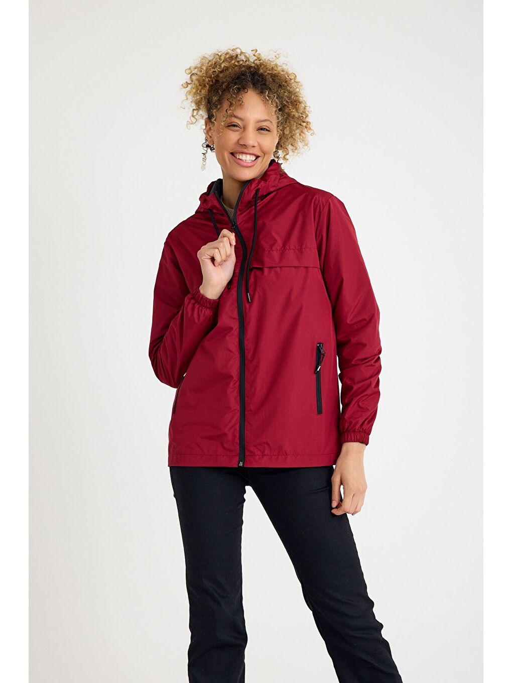 Kadın Astarlı Kapüşonlu Bordo Rüzgarlık & Yağmurluk-5