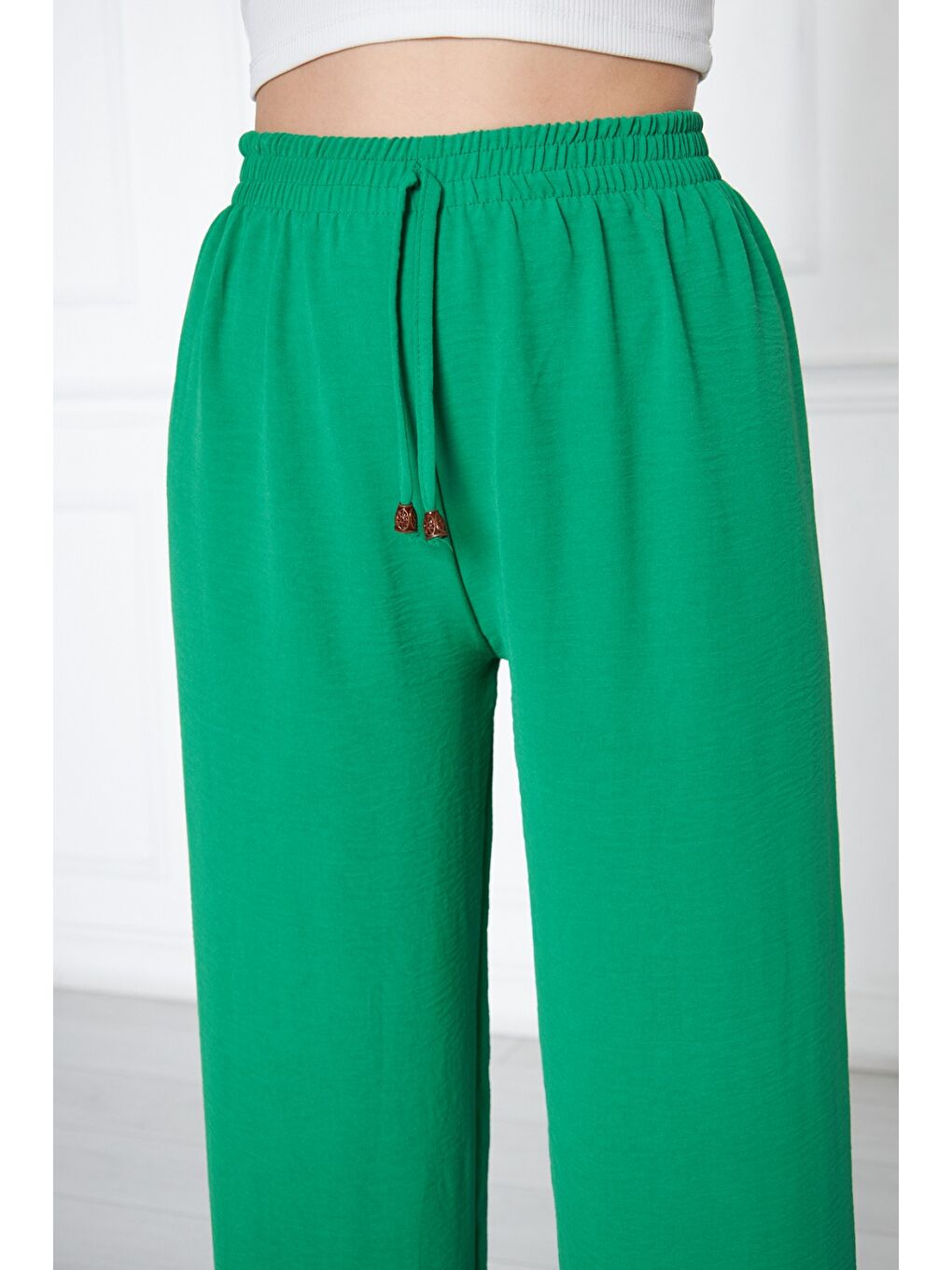 Yeşil Kadın Aerobin Geniş Paça Palazzo Bel Lastikli Pantolon-4