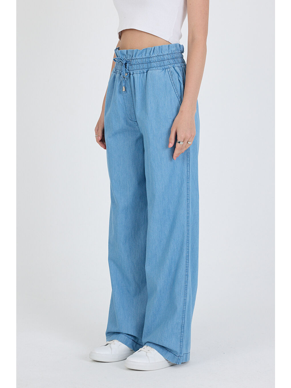 Mavi Beli Lastikli Bol Paça Cepli %100 Pamuk  Kadın Jean  Pantolon 5031-3