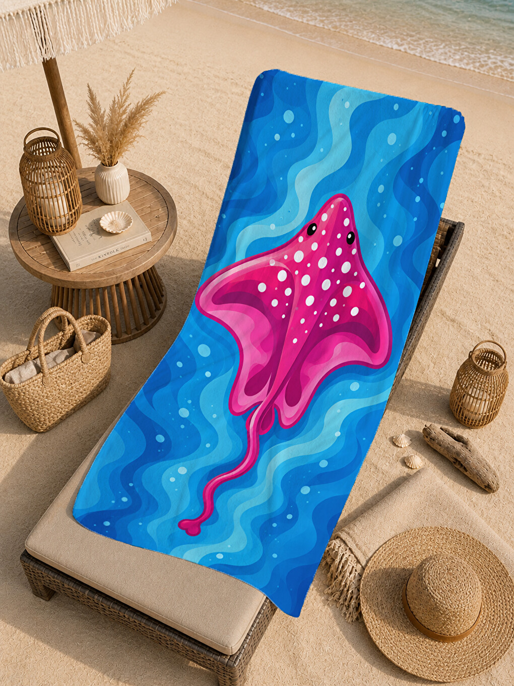 Modern Pembe Deniz Kabuğu Mavi Dalga Yazlık Desenli 70x150 Plaj Havlusu - Pamuklu Banyo Havlusu-1