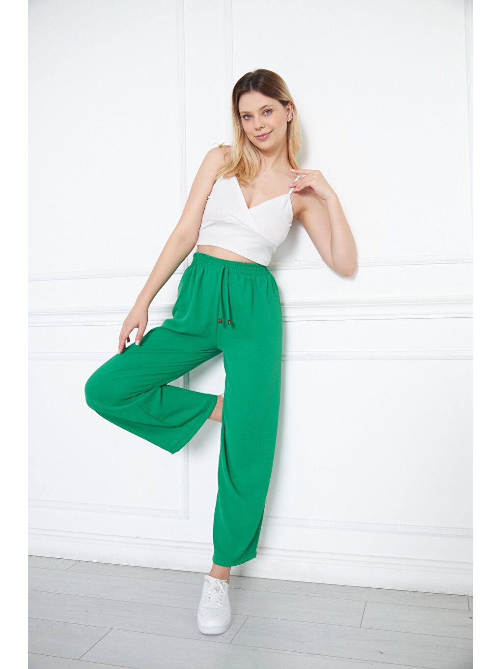 Yeşil Kadın Aerobin Geniş Paça Palazzo Bel Lastikli Pantolon-6