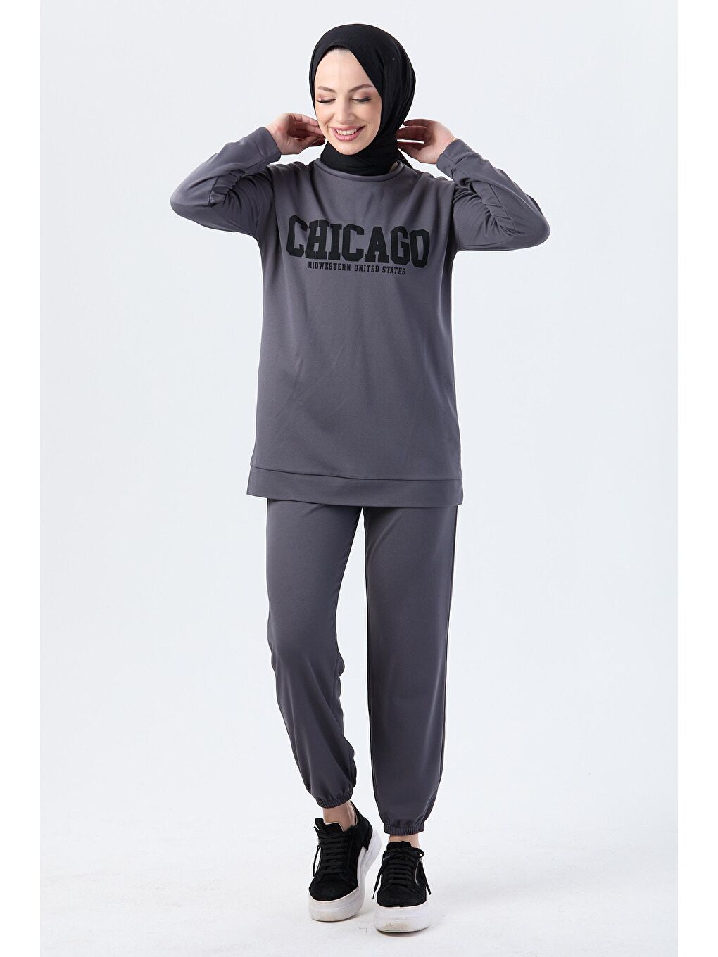 Bisiklet Yaka Kadın Antrasit Tunik Pantolon - 13045