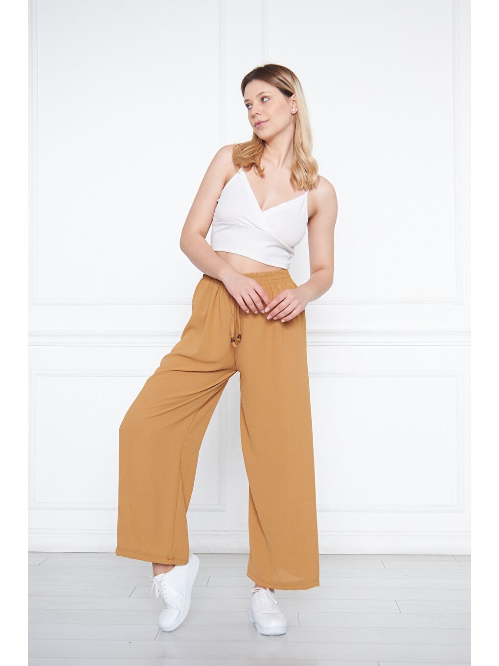 Turuncu Kadın Aerobin Geniş Paça Palazzo Bel Lastikli Pantolon-1