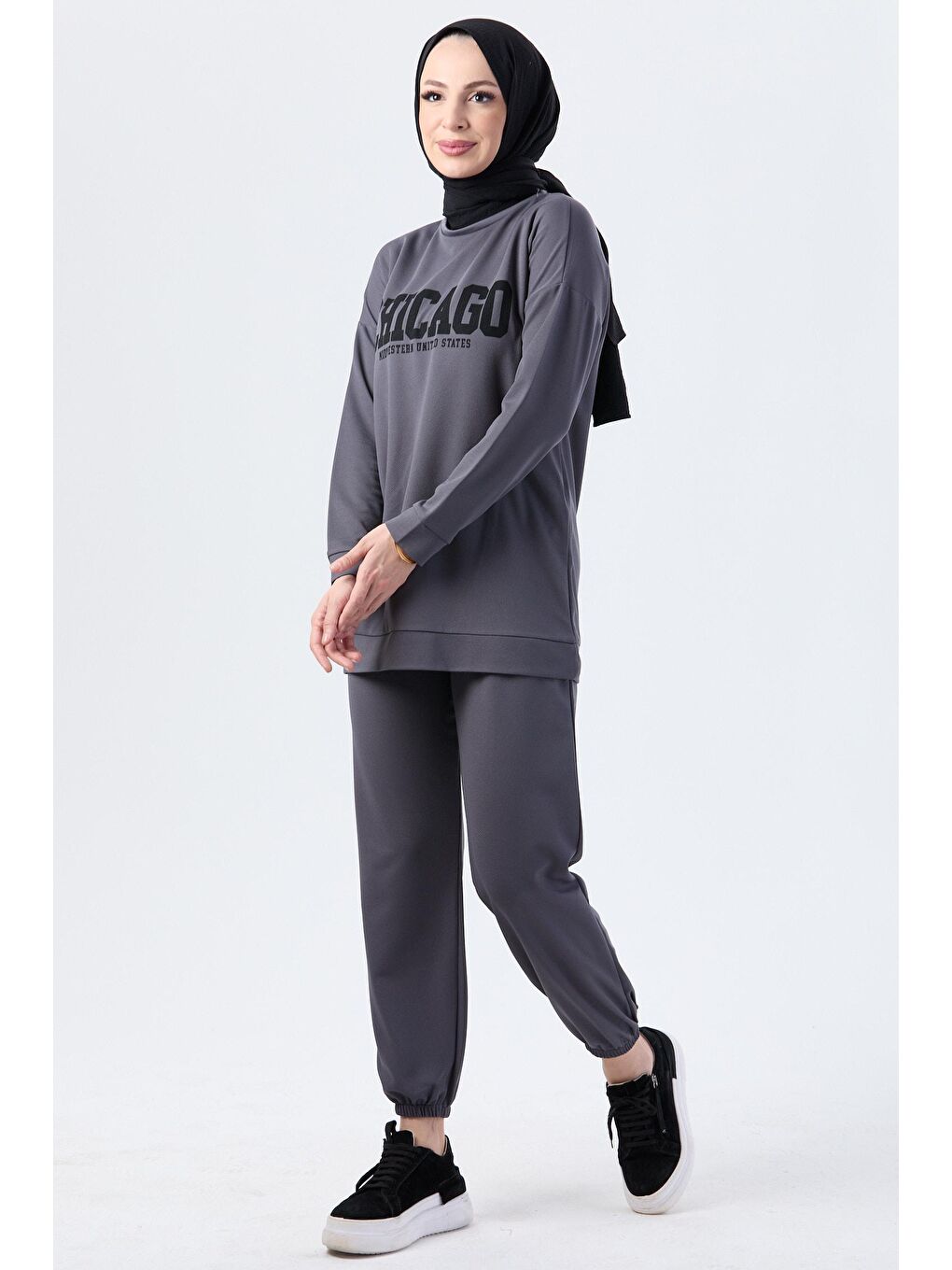 Bisiklet Yaka Kadın Antrasit Tunik Pantolon - 13045-1
