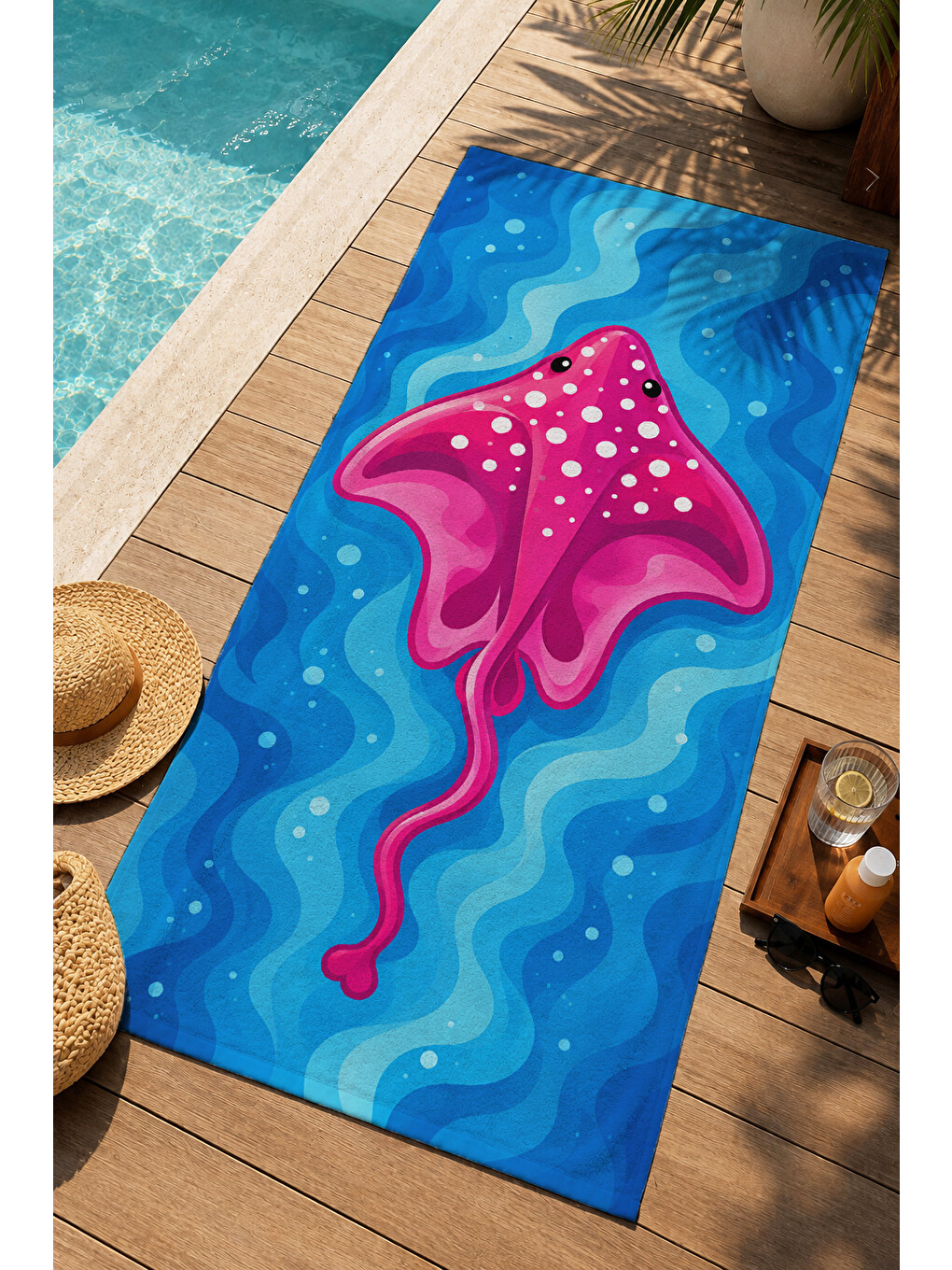 Modern Pembe Deniz Kabuğu Mavi Dalga Yazlık Desenli 70x150 Plaj Havlusu - Pamuklu Banyo Havlusu-3