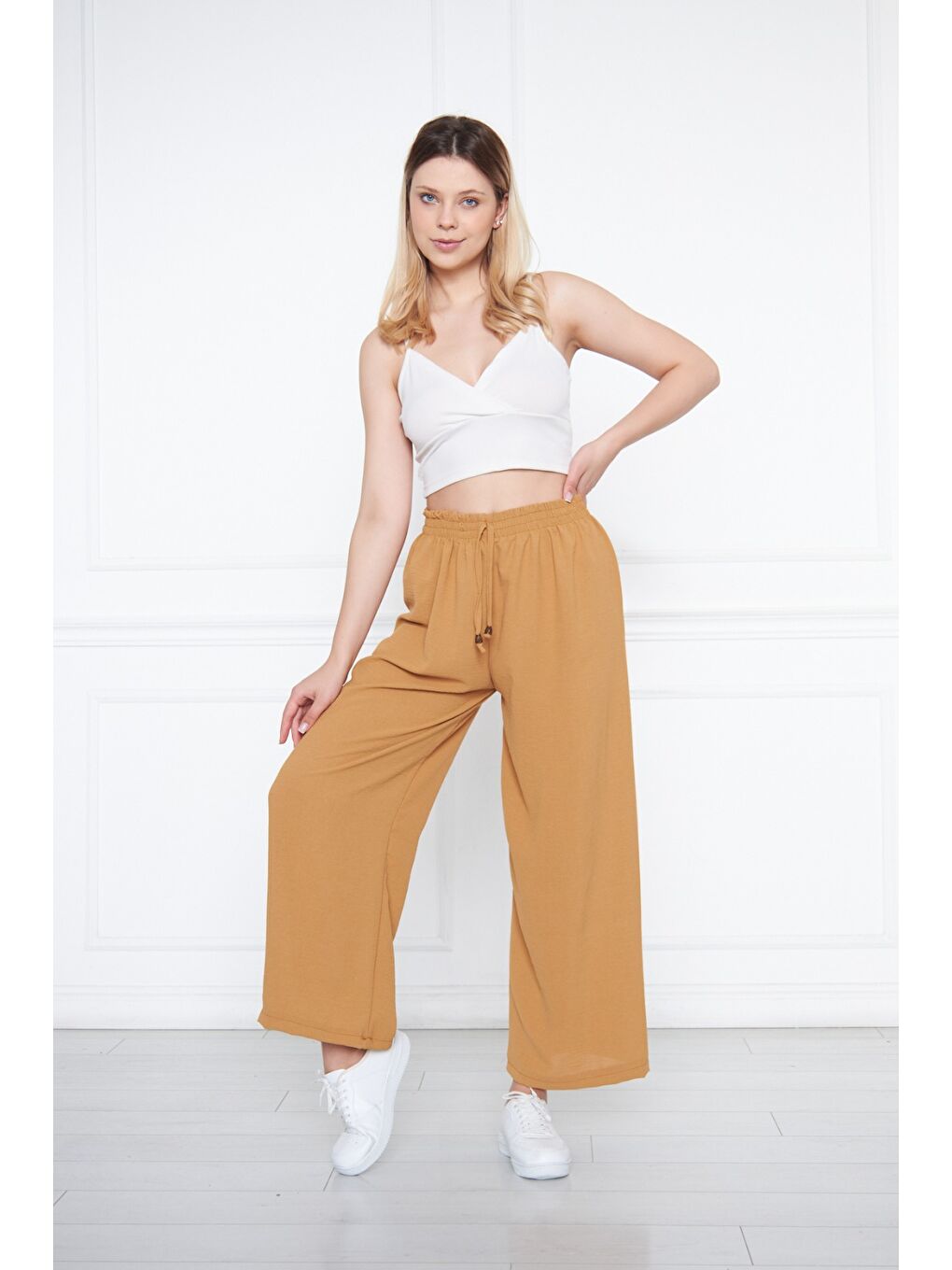 Turuncu Kadın Aerobin Geniş Paça Palazzo Bel Lastikli Pantolon-2