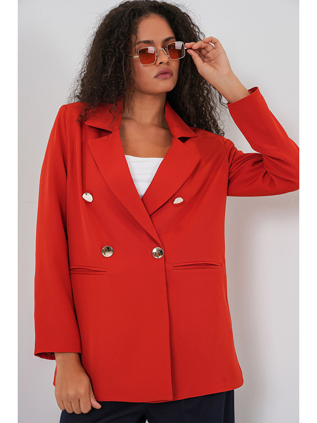 Kahverengi Kadın Kruvaze Yaka Blazer Ceket 0722 - Kiremit-2