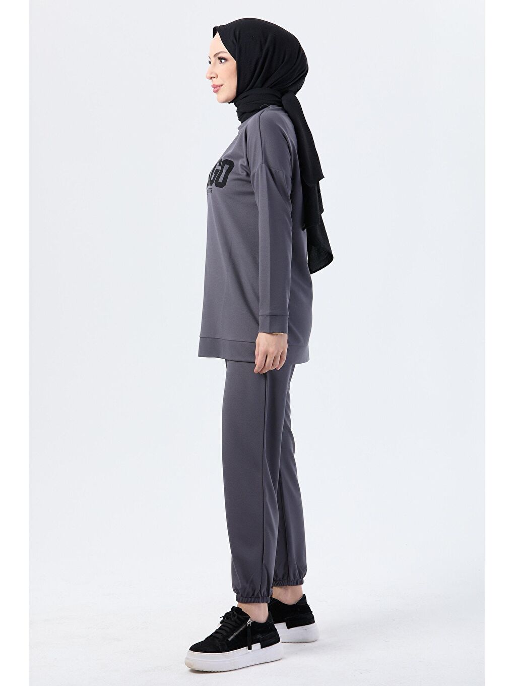 Bisiklet Yaka Kadın Antrasit Tunik Pantolon - 13045-2
