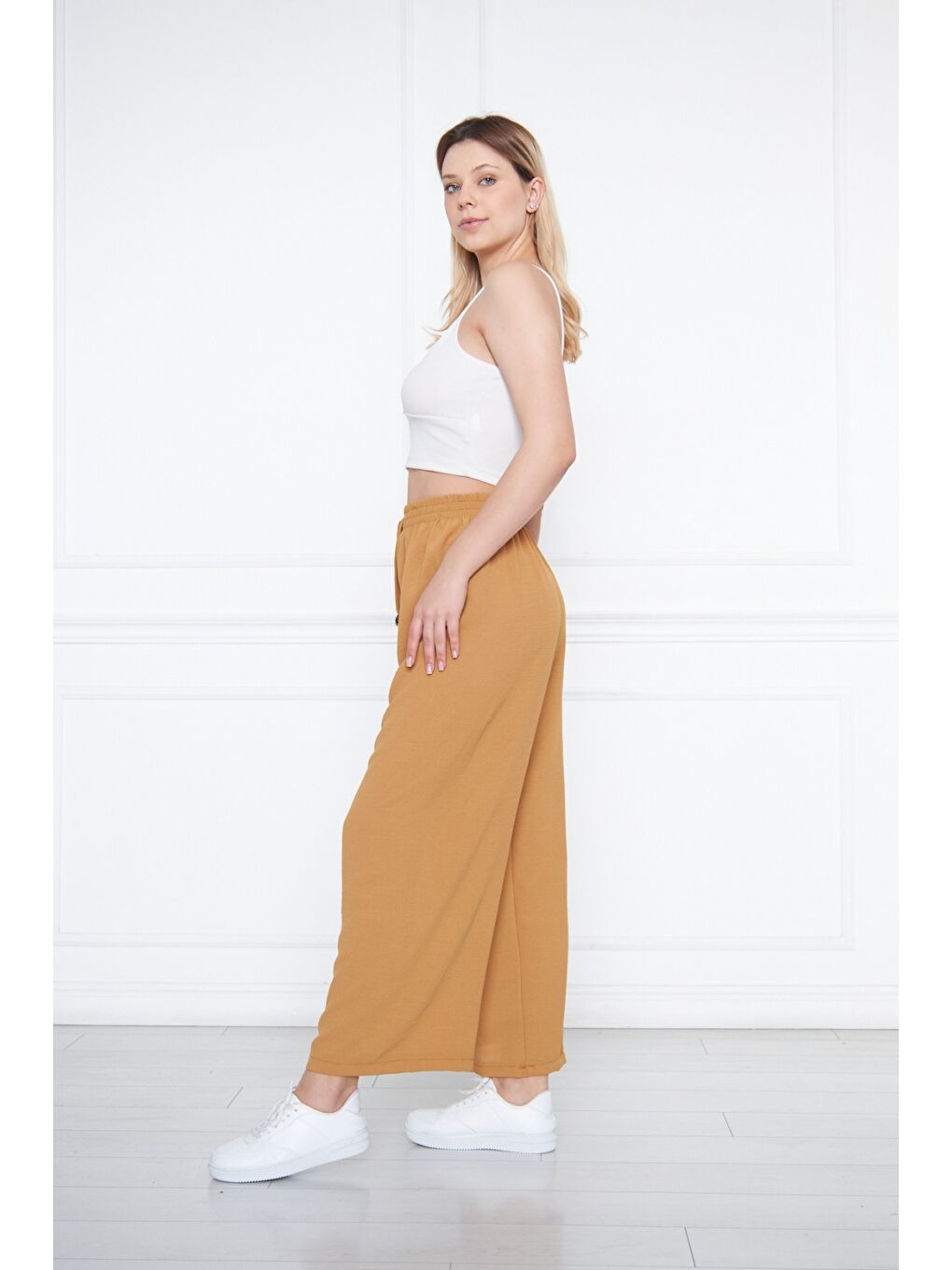 Turuncu Kadın Aerobin Geniş Paça Palazzo Bel Lastikli Pantolon-3