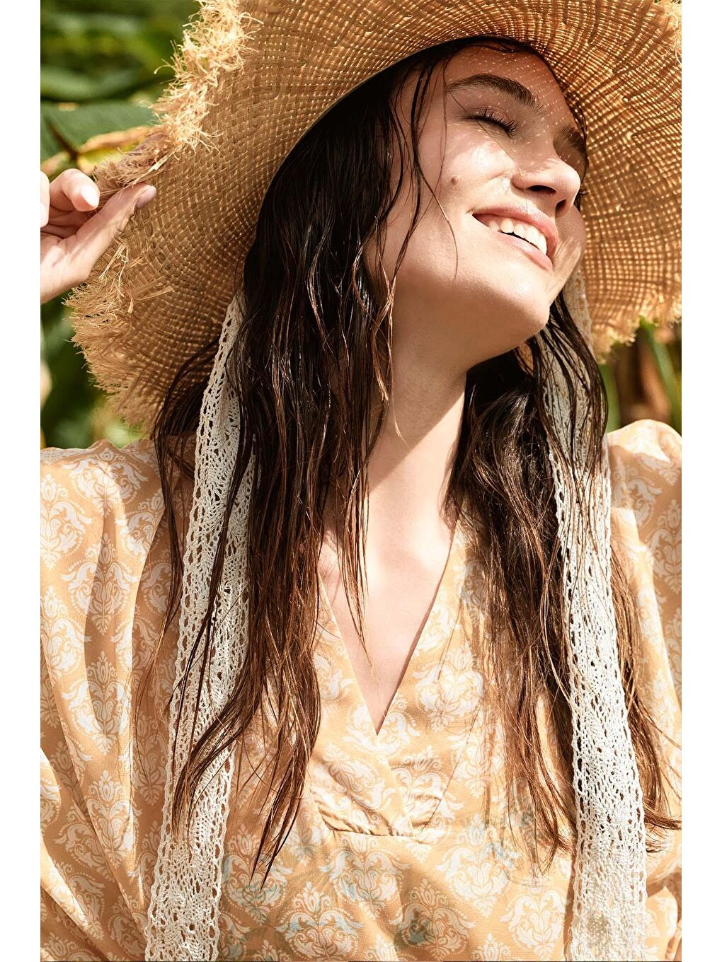 Bej Dantel Detaylı Hasır Plaj Şapkası 2044-1