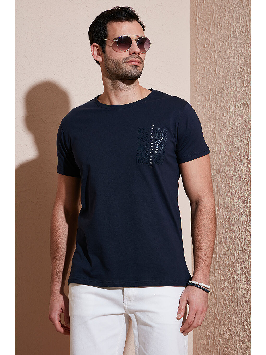 Lacivert Bisiklet Yaka %100 Pamuk Slim Fit Erkek Tişört 541QUINT