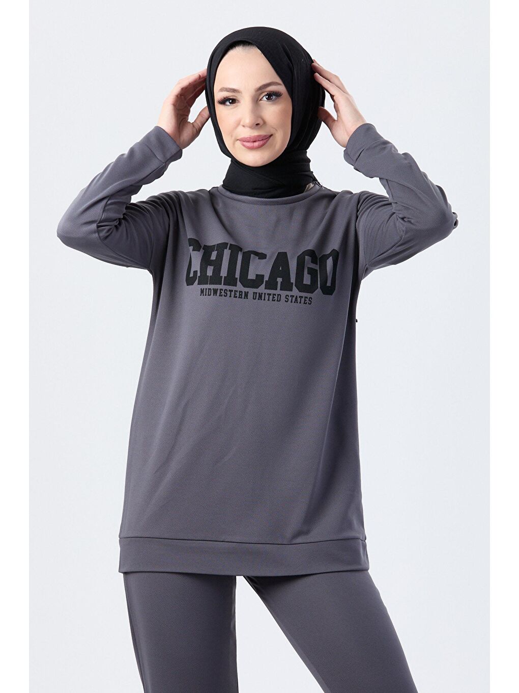 Bisiklet Yaka Kadın Antrasit Tunik Pantolon - 13045-3