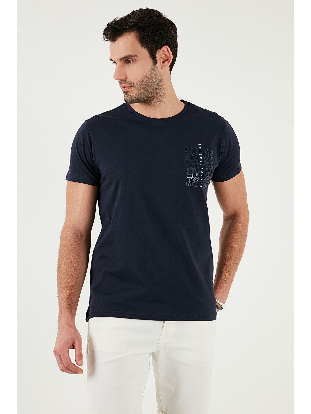 Lacivert Bisiklet Yaka %100 Pamuk Slim Fit Erkek Tişört 541QUINT-2