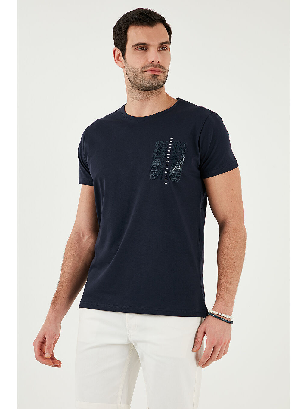 Lacivert Bisiklet Yaka %100 Pamuk Slim Fit Erkek Tişört 541QUINT-3