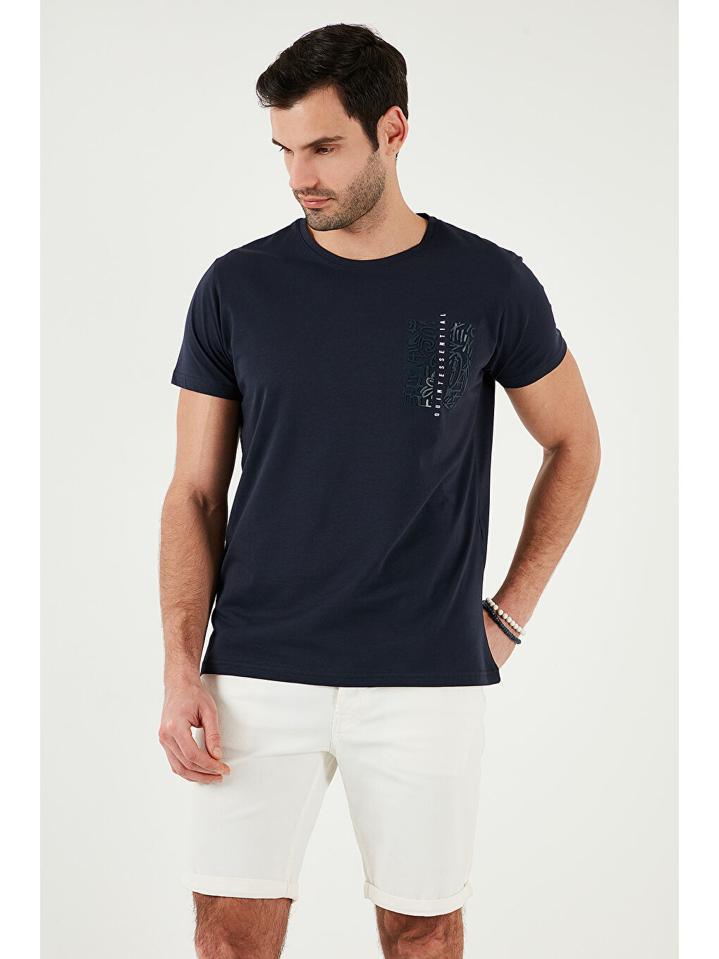 Lacivert Bisiklet Yaka %100 Pamuk Slim Fit Erkek Tişört 541QUINT-4