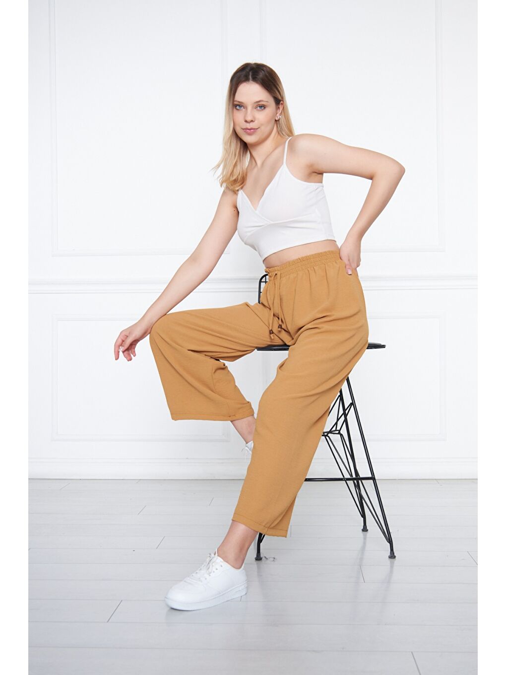 Turuncu Kadın Aerobin Geniş Paça Palazzo Bel Lastikli Pantolon-5
