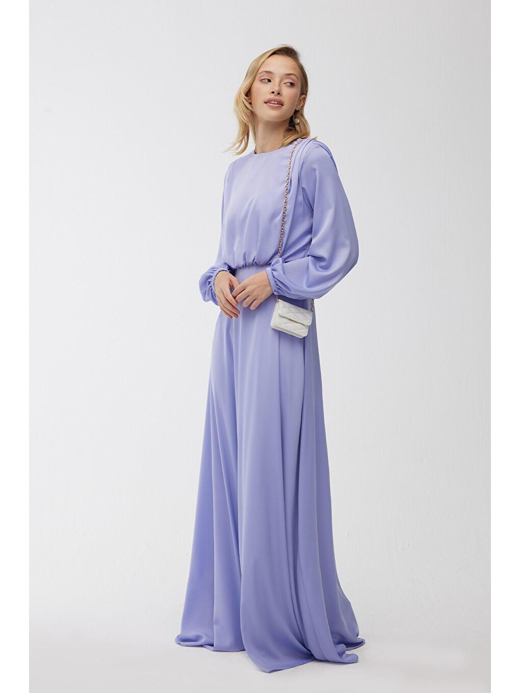 Lila İpek Saten Abiye Elbise Lavanta-1