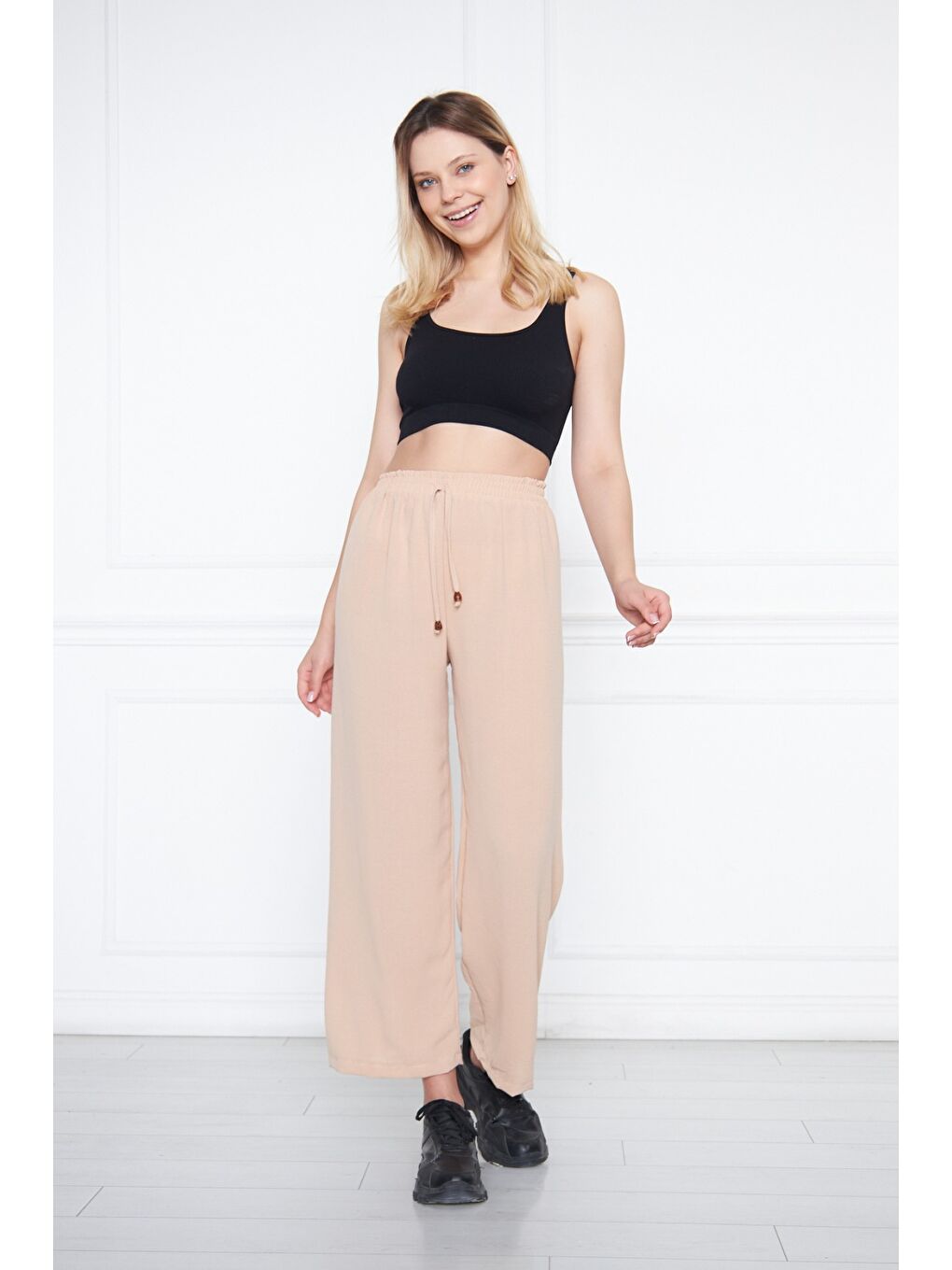 Ekru Kadın Aerobin Geniş Paça Palazzo Bel Lastikli Pantolon-1