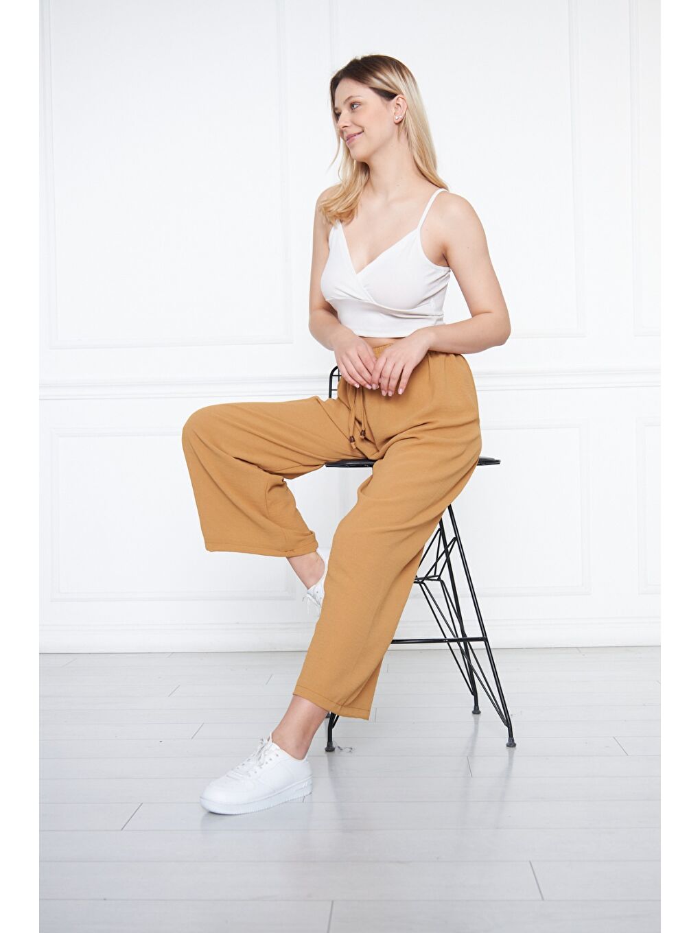 Turuncu Kadın Aerobin Geniş Paça Palazzo Bel Lastikli Pantolon-6