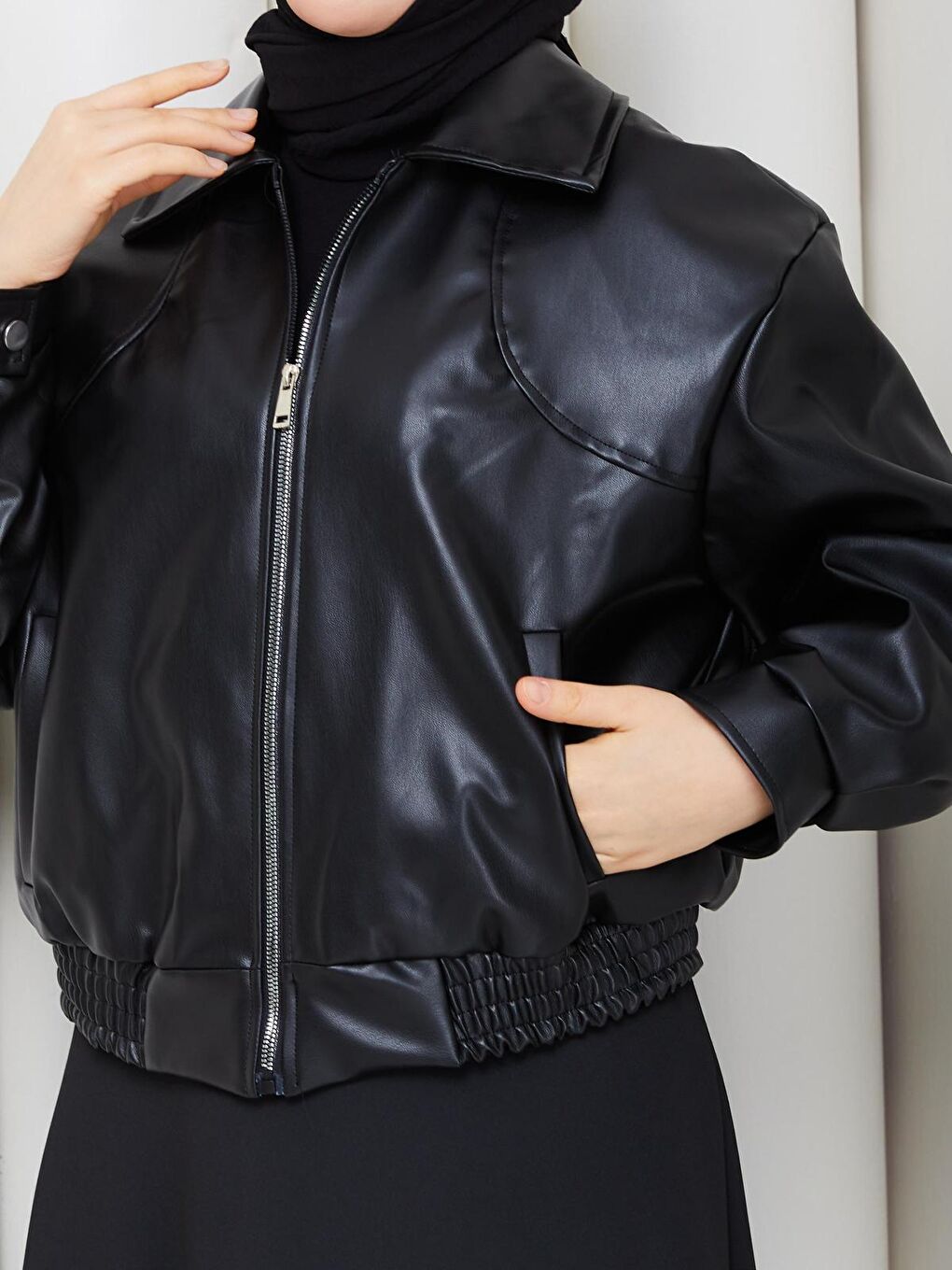 Kadın Trend Premium Mevsimlik Bomber Siyah Deri Ceket-1