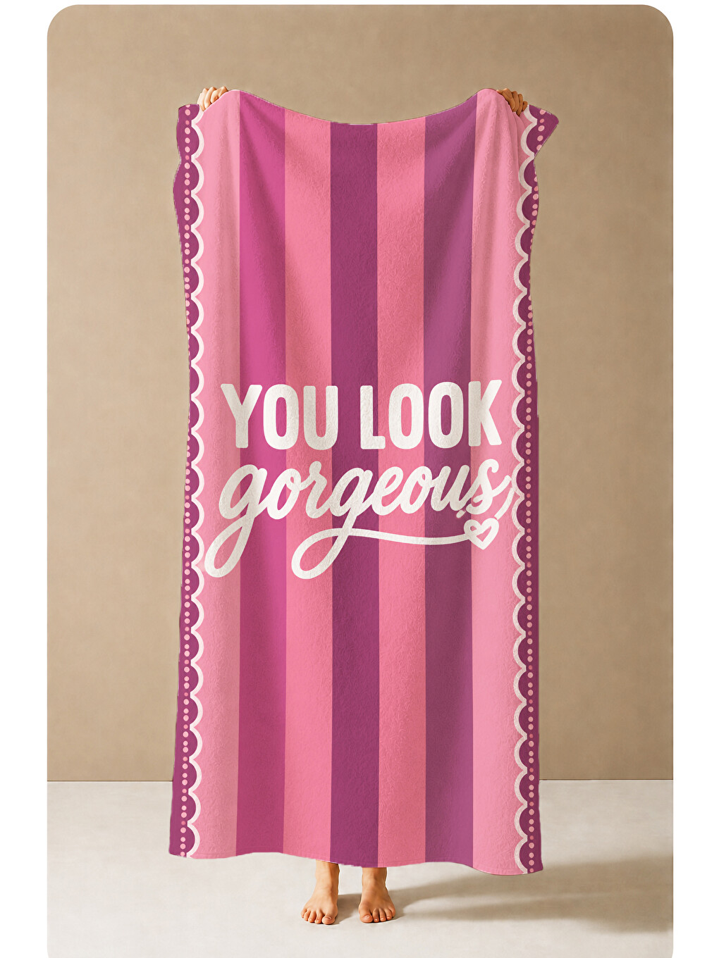 Retro You Look Gorgeous Yazılı Pembe Çizgili Desenli 70x150 Plaj Havlusu - Pamuklu Banyo Havlusu-1
