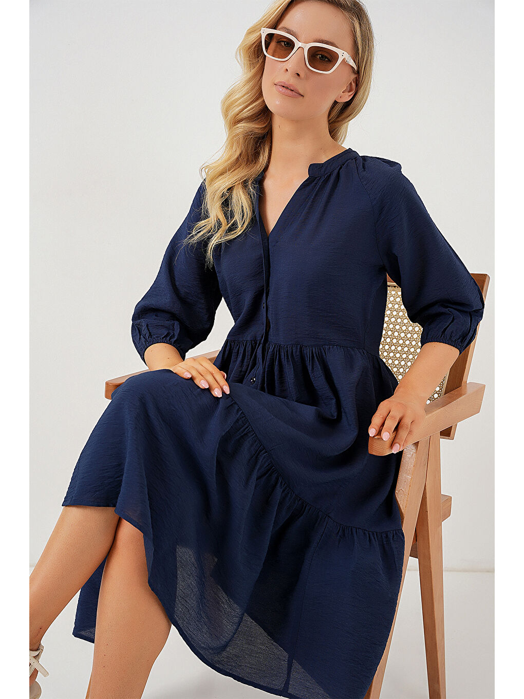 Kadın Düğmeli Kısa Kol Elbise 2559 - Lacivert-1