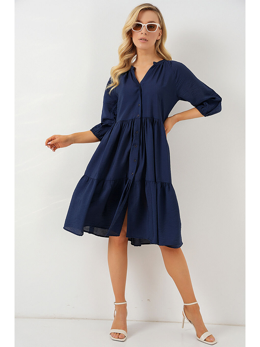 Kadın Düğmeli Kısa Kol Elbise 2559 - Lacivert-2