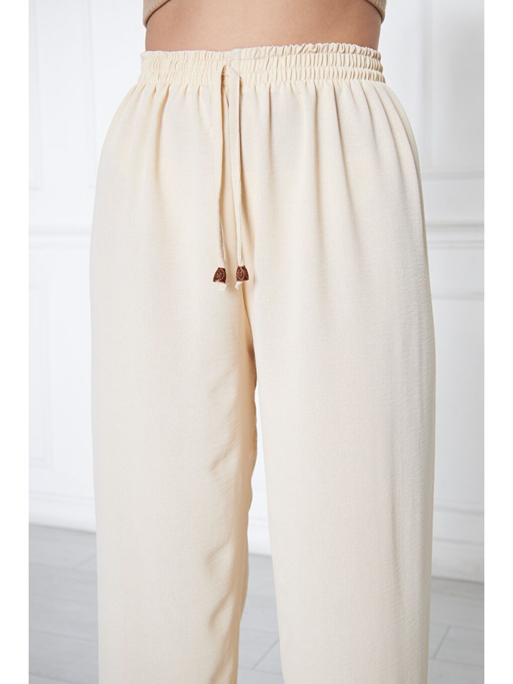 Ekru Kadın Aerobin Geniş Paça Palazzo Bel Lastikli Pantolon-4