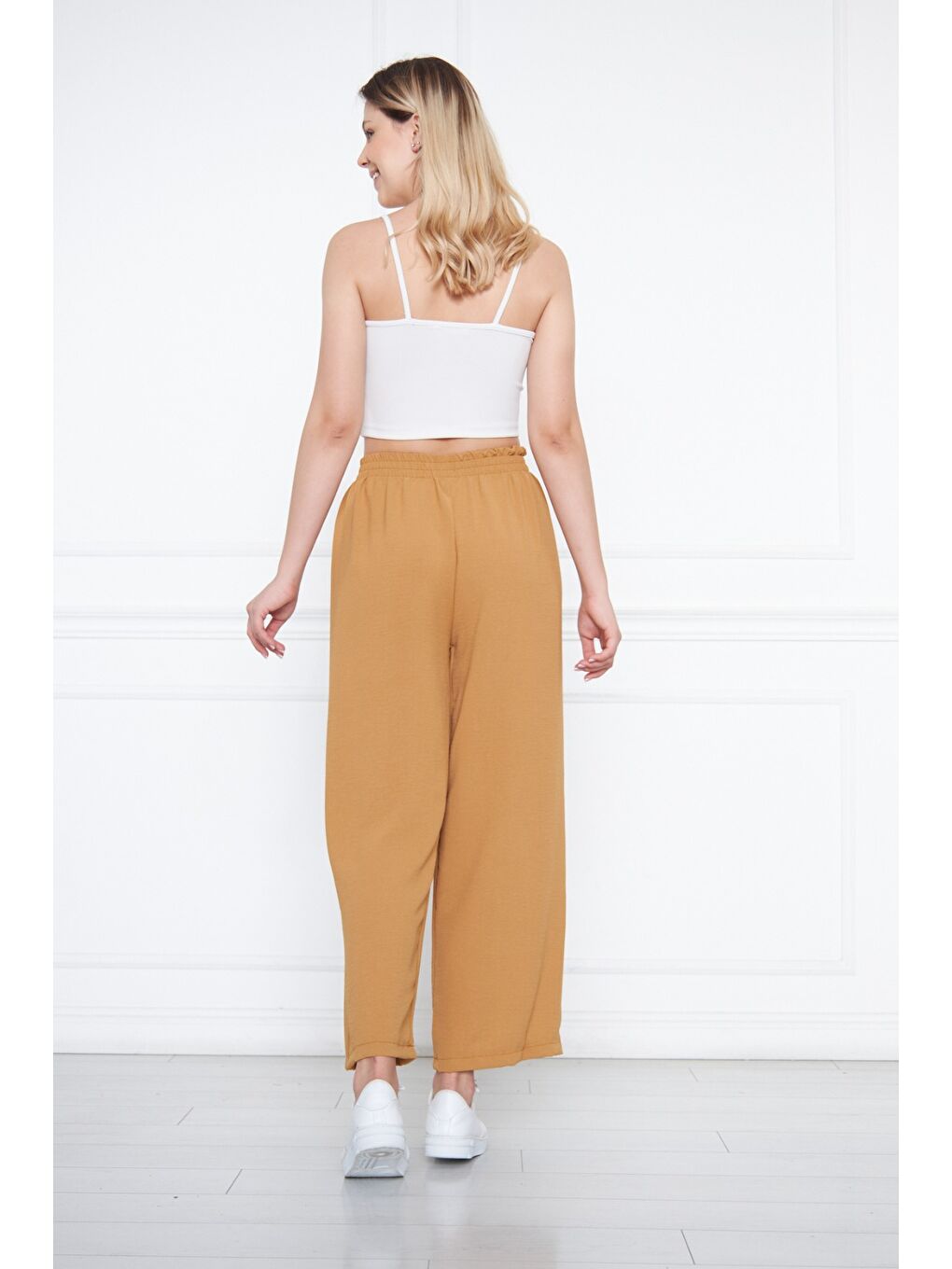 Turuncu Kadın Aerobin Geniş Paça Palazzo Bel Lastikli Pantolon-7