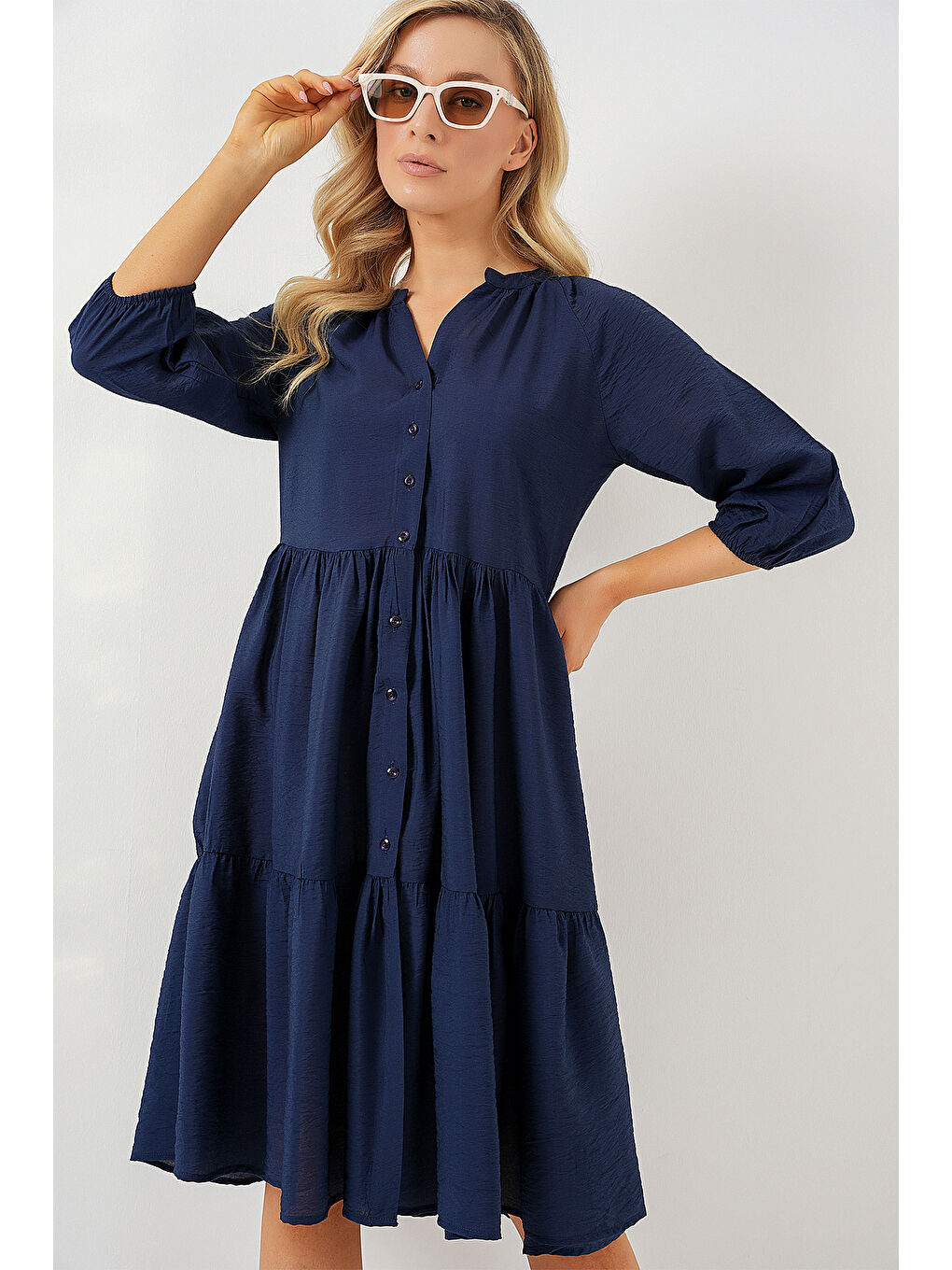 Kadın Düğmeli Kısa Kol Elbise 2559 - Lacivert-3