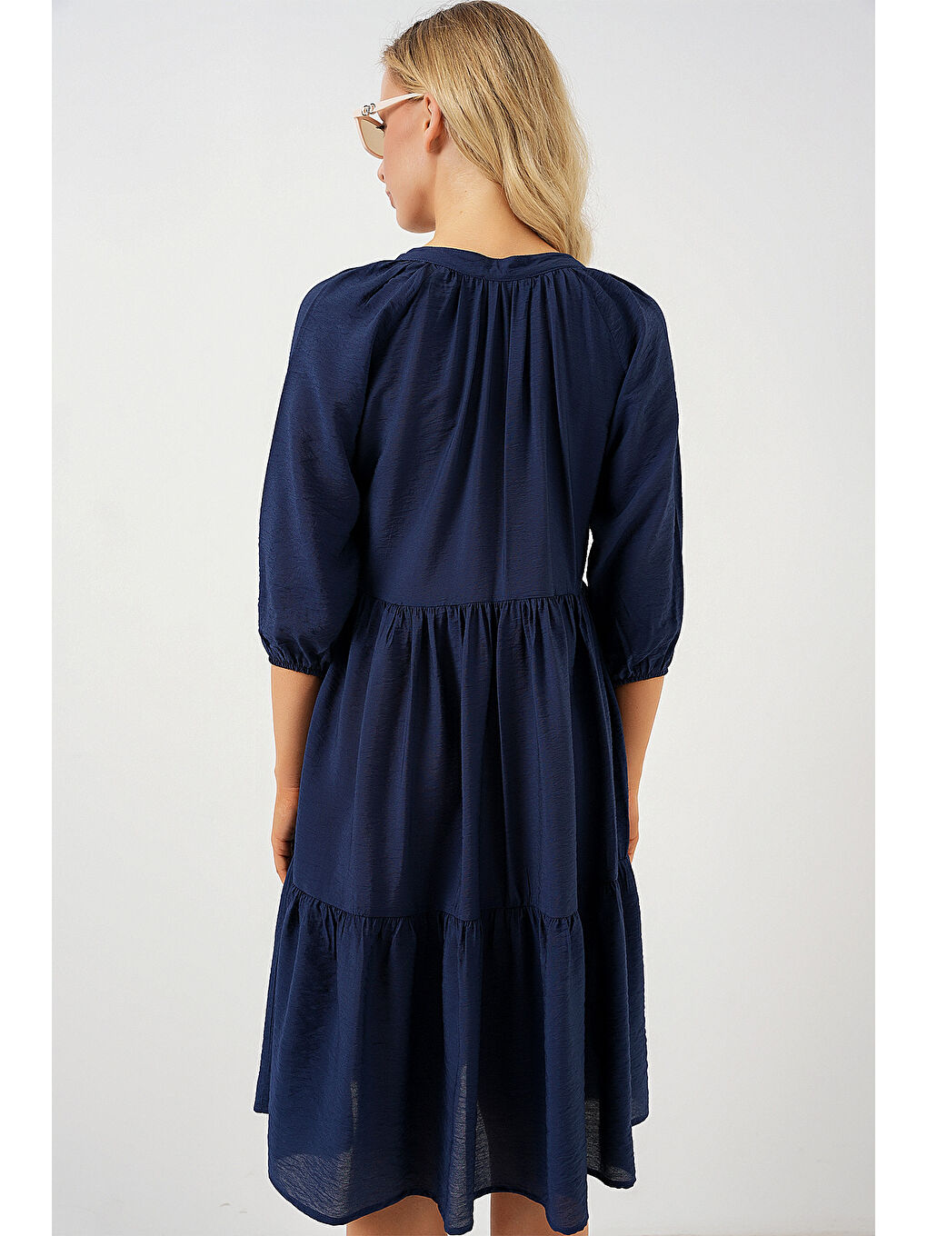 Kadın Düğmeli Kısa Kol Elbise 2559 - Lacivert-5