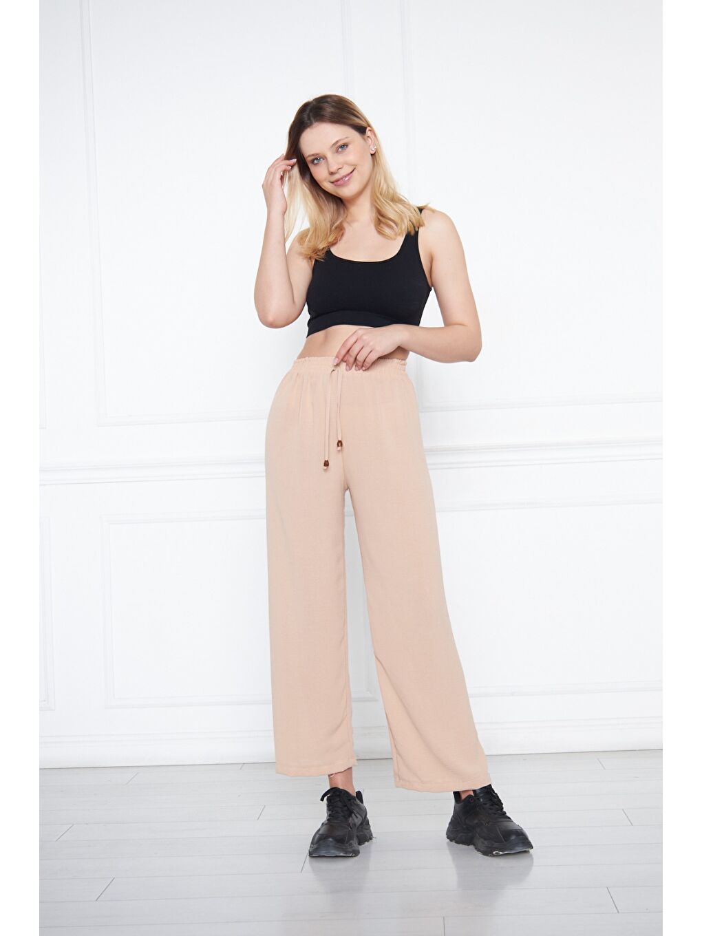 Ekru Kadın Aerobin Geniş Paça Palazzo Bel Lastikli Pantolon-3