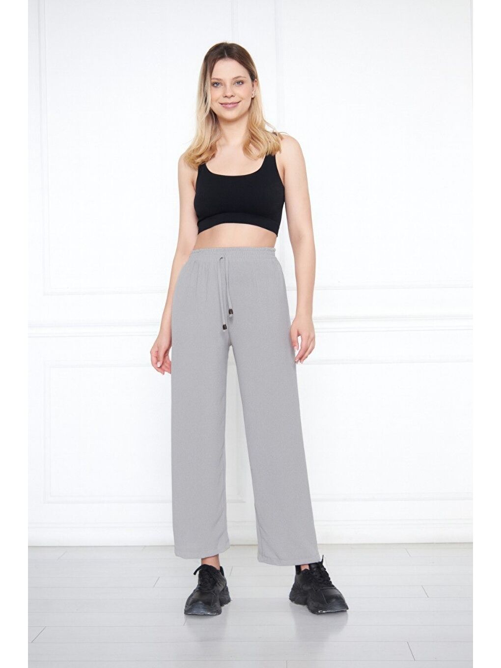 Gri Kadın Aerobin Geniş Paça Palazzo Bel Lastikli Pantolon