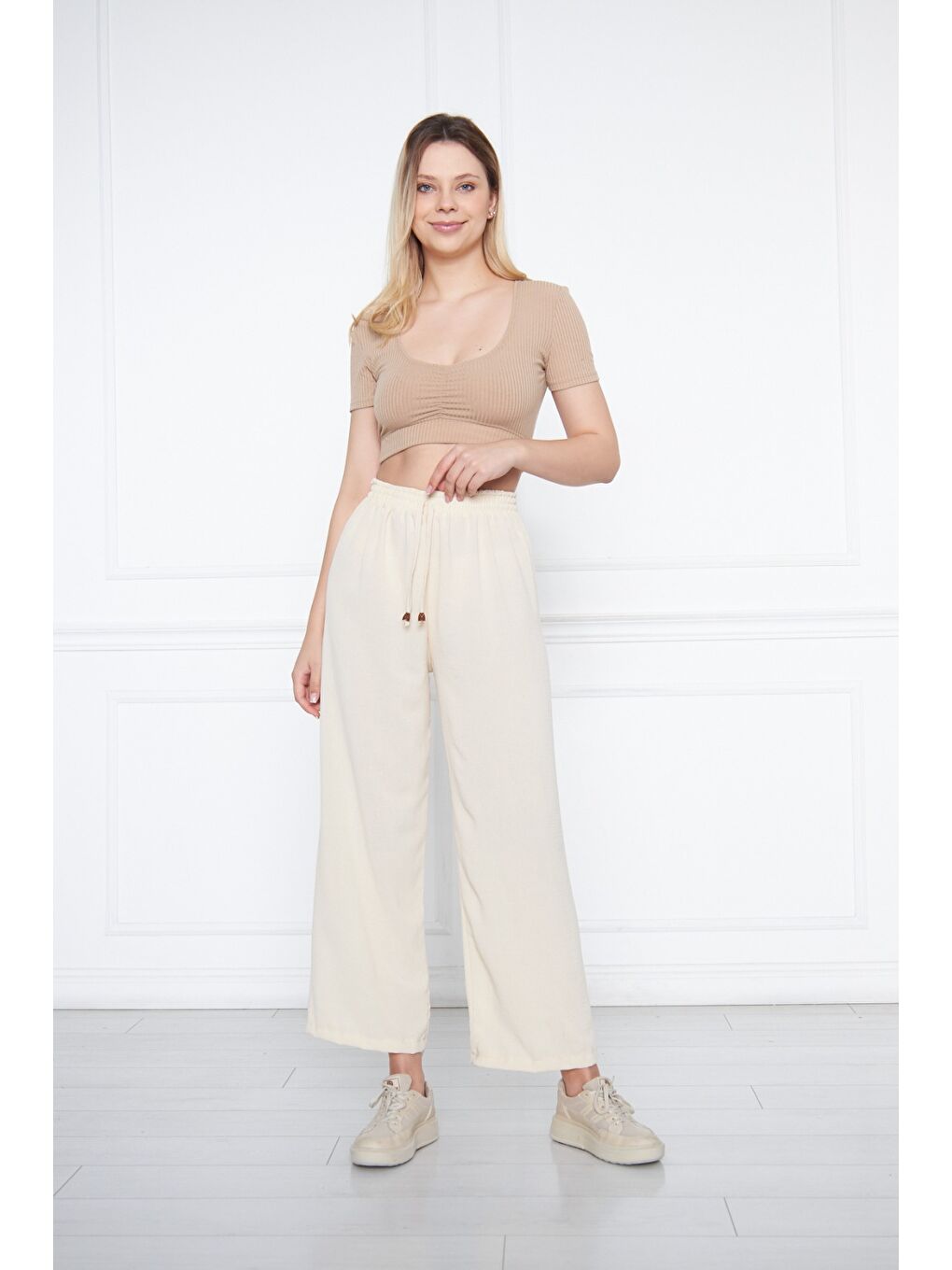 Ekru Kadın Aerobin Geniş Paça Palazzo Bel Lastikli Pantolon-6
