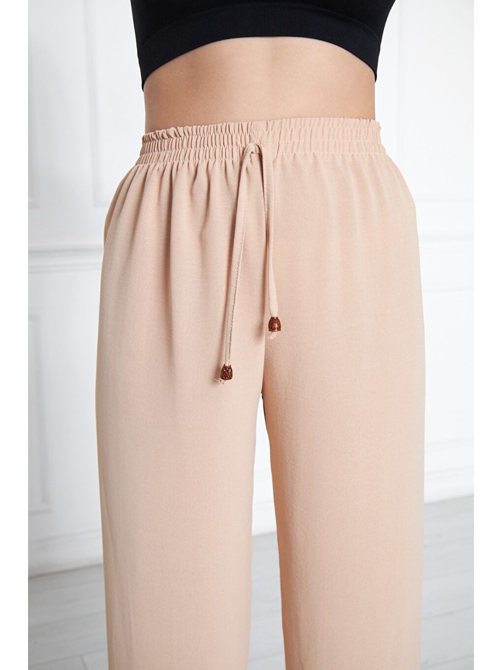 Ekru Kadın Aerobin Geniş Paça Palazzo Bel Lastikli Pantolon-4