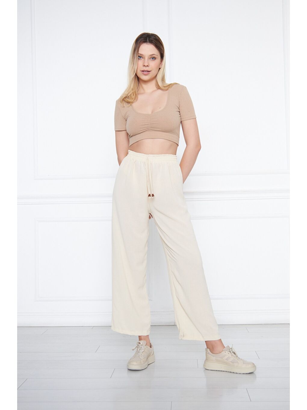 Ekru Kadın Aerobin Geniş Paça Palazzo Bel Lastikli Pantolon-7