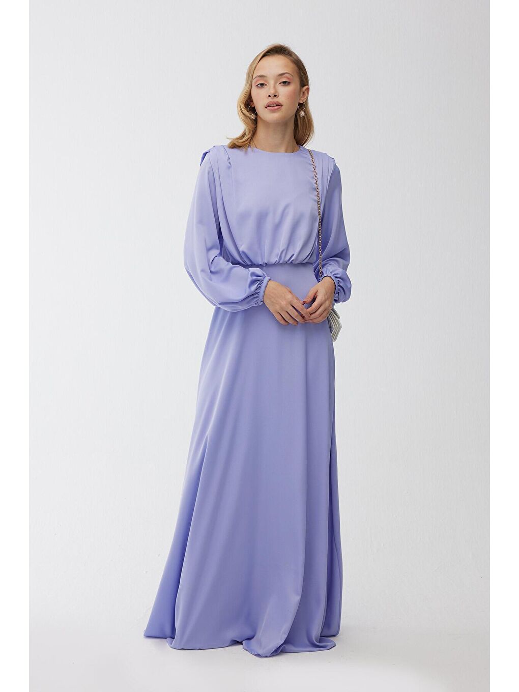 Lila İpek Saten Abiye Elbise Lavanta-4