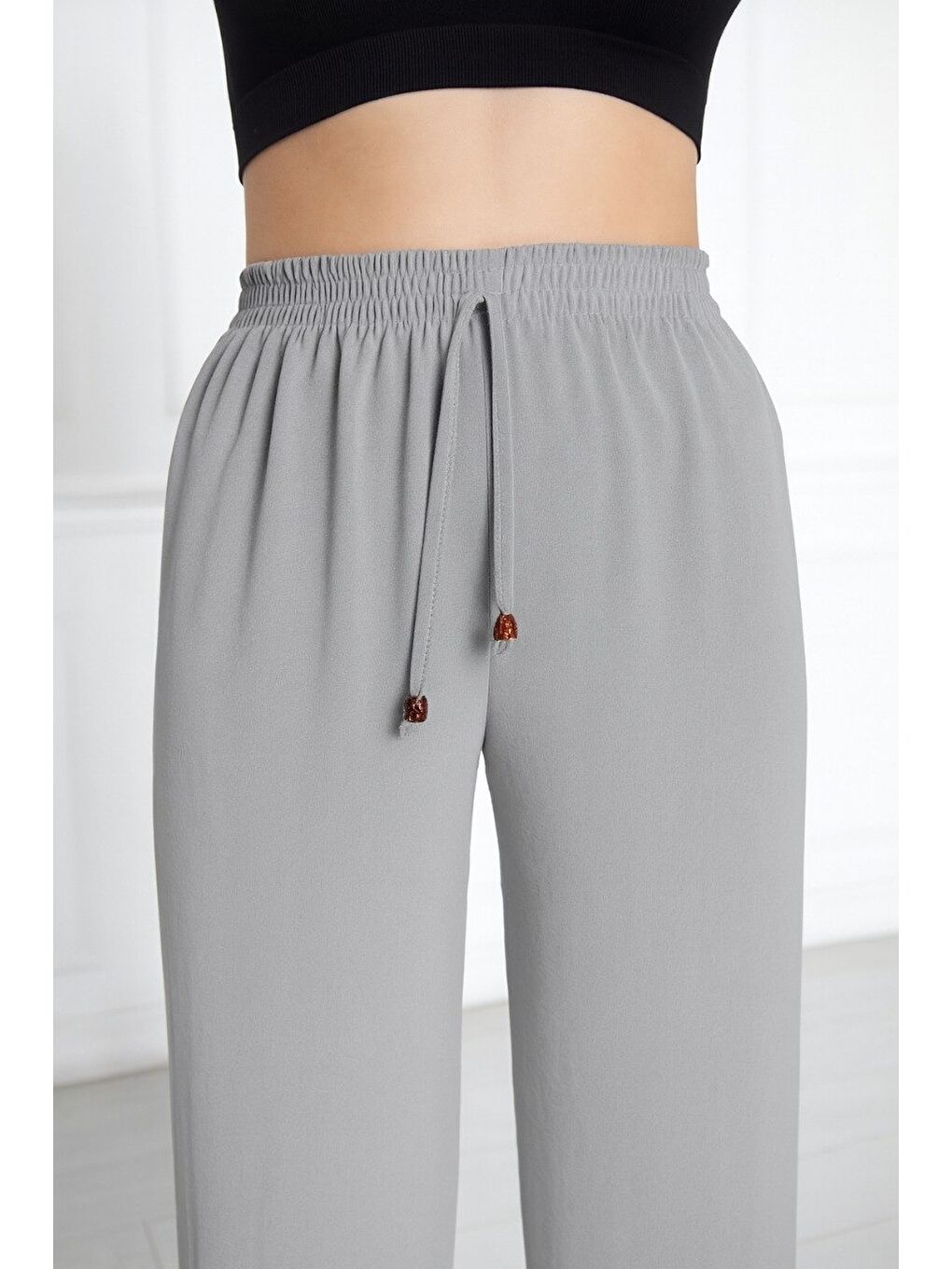Gri Kadın Aerobin Geniş Paça Palazzo Bel Lastikli Pantolon-1