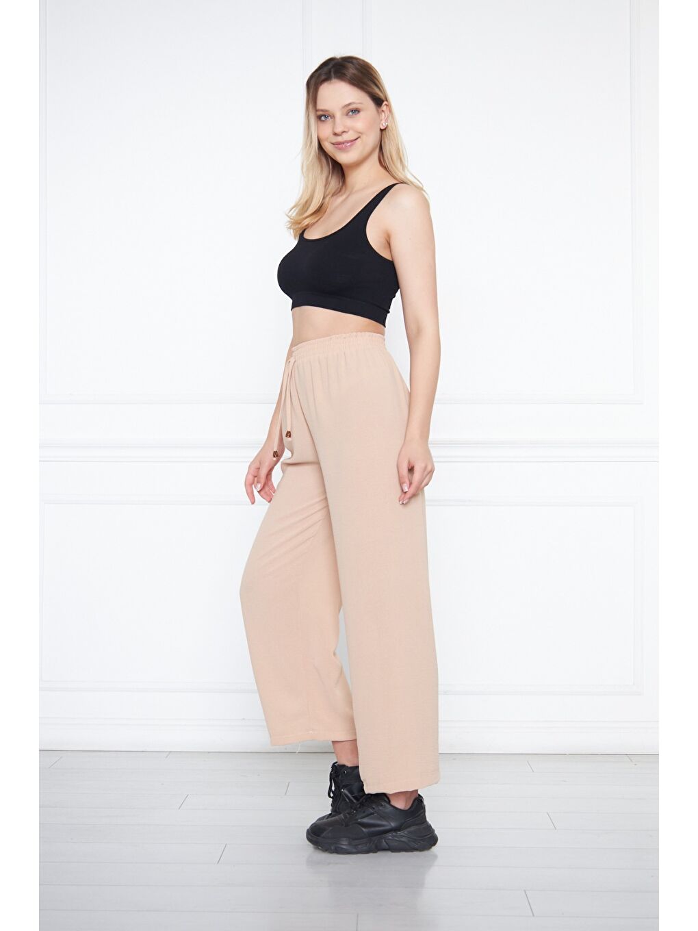 Ekru Kadın Aerobin Geniş Paça Palazzo Bel Lastikli Pantolon-5