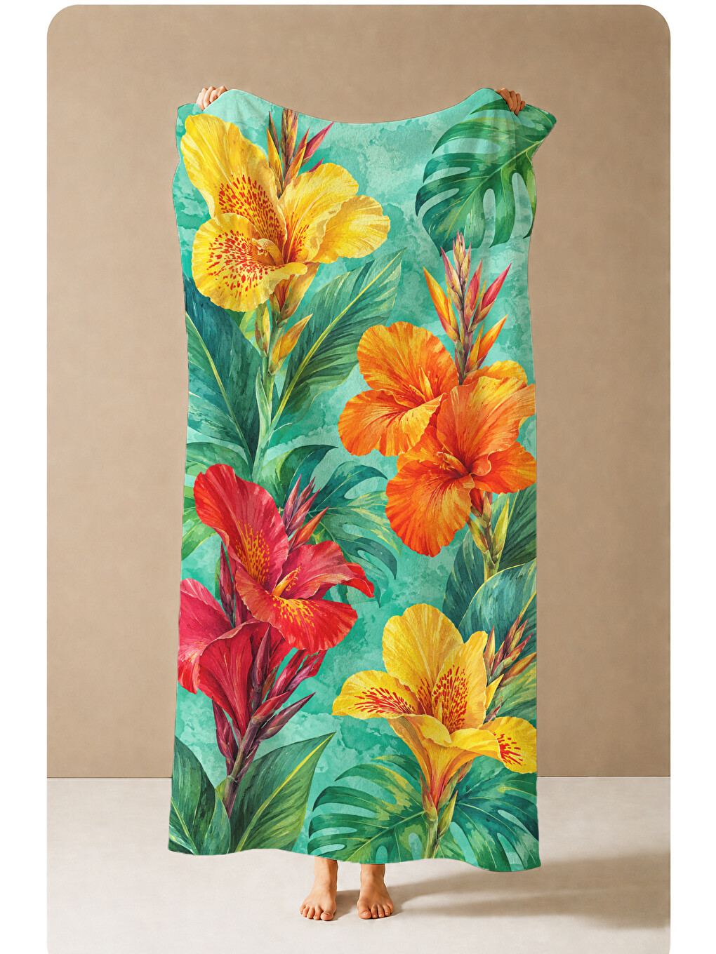 Tropikal Turuncu Sarı Hibiskus Çiçekli Desenli 70x150 Plaj Havlusu - Pamuklu Banyo Havlusu