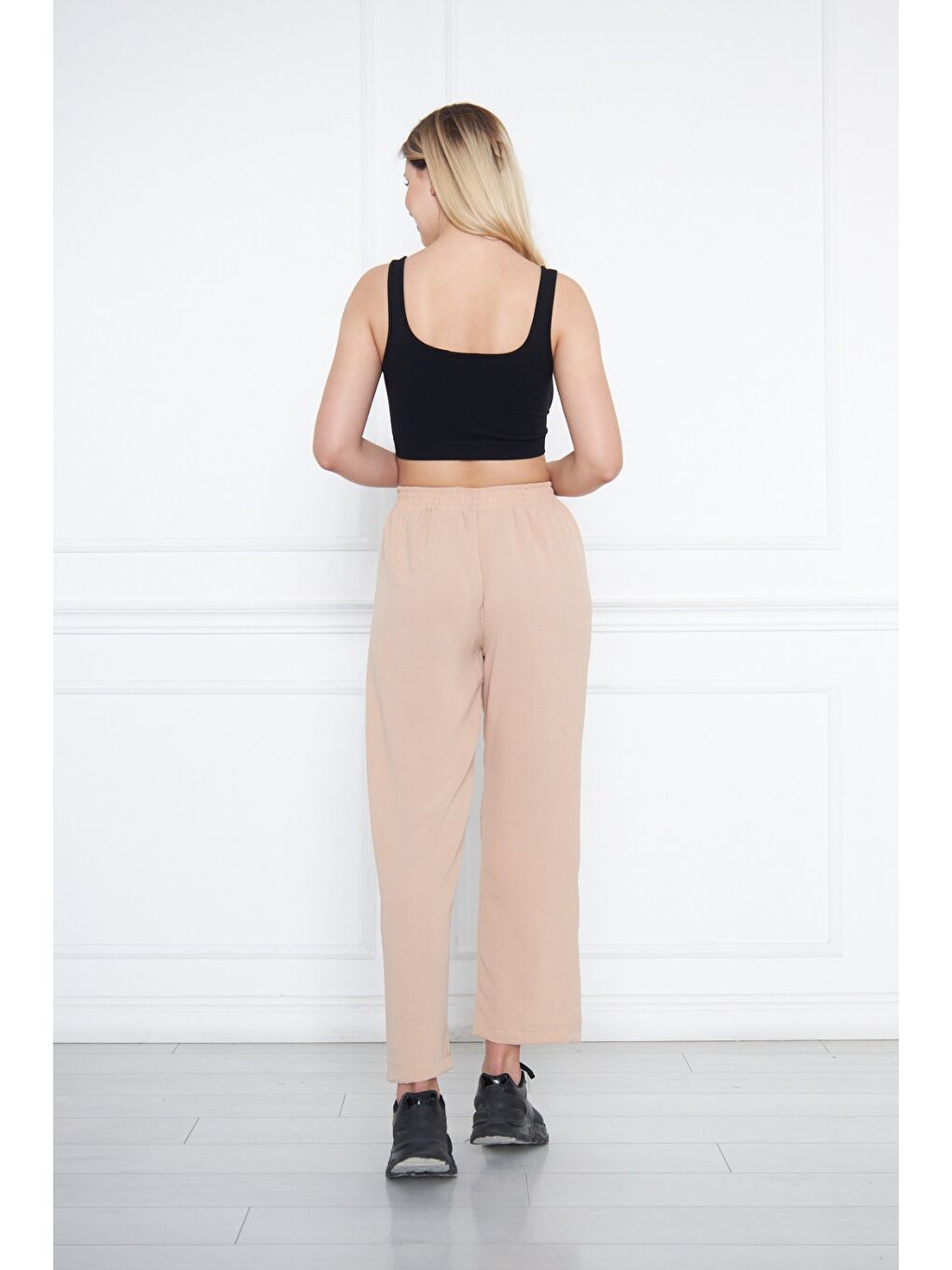 Ekru Kadın Aerobin Geniş Paça Palazzo Bel Lastikli Pantolon-6