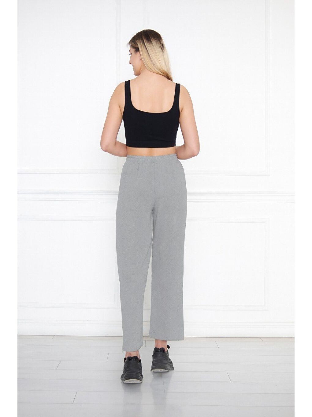 Gri Kadın Aerobin Geniş Paça Palazzo Bel Lastikli Pantolon-2