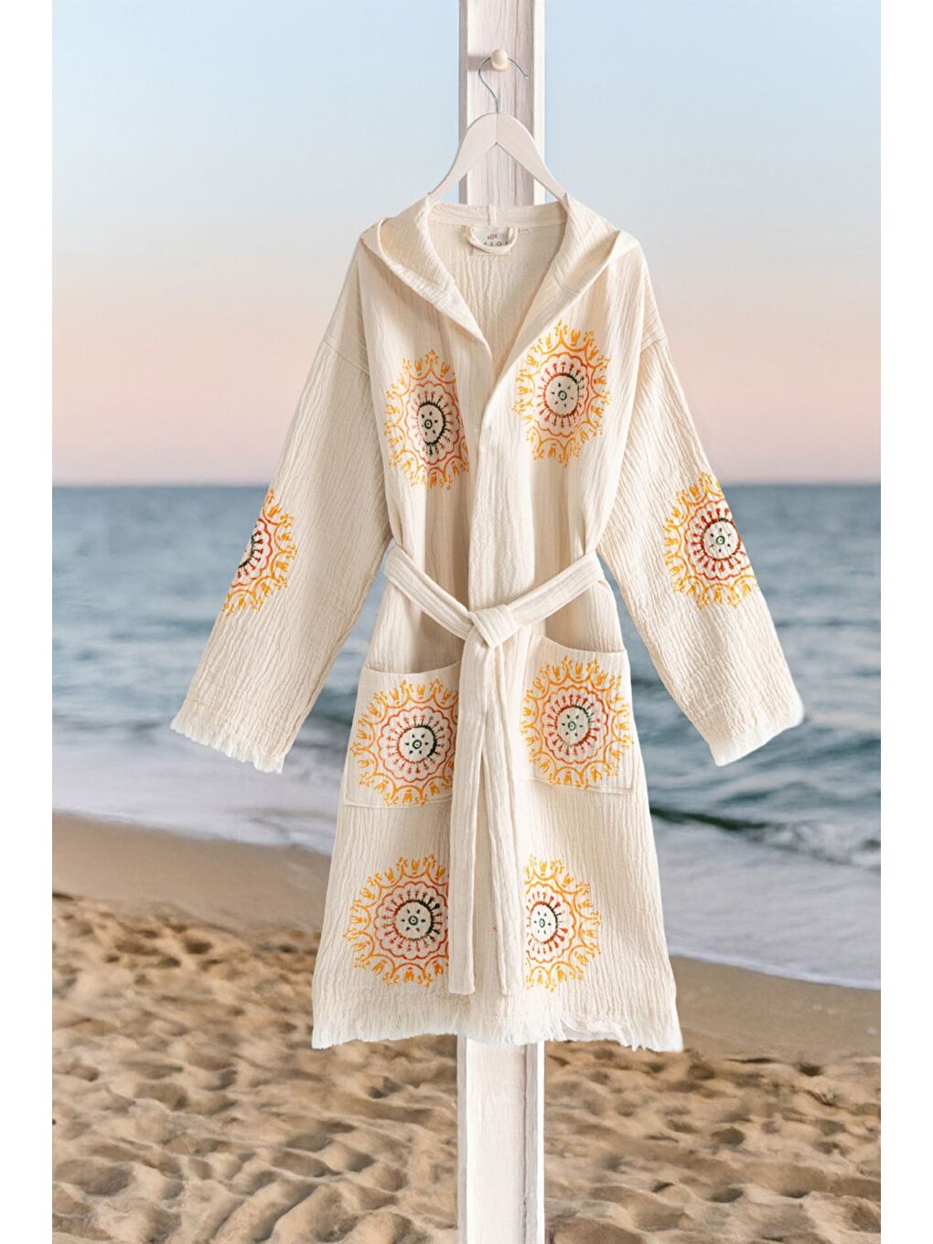 Ekru Organik %100 Pamuk Kapüşonlu Sabalık Bornoz Plaj Elbisesi - Lumora-KREM-S/M-1
