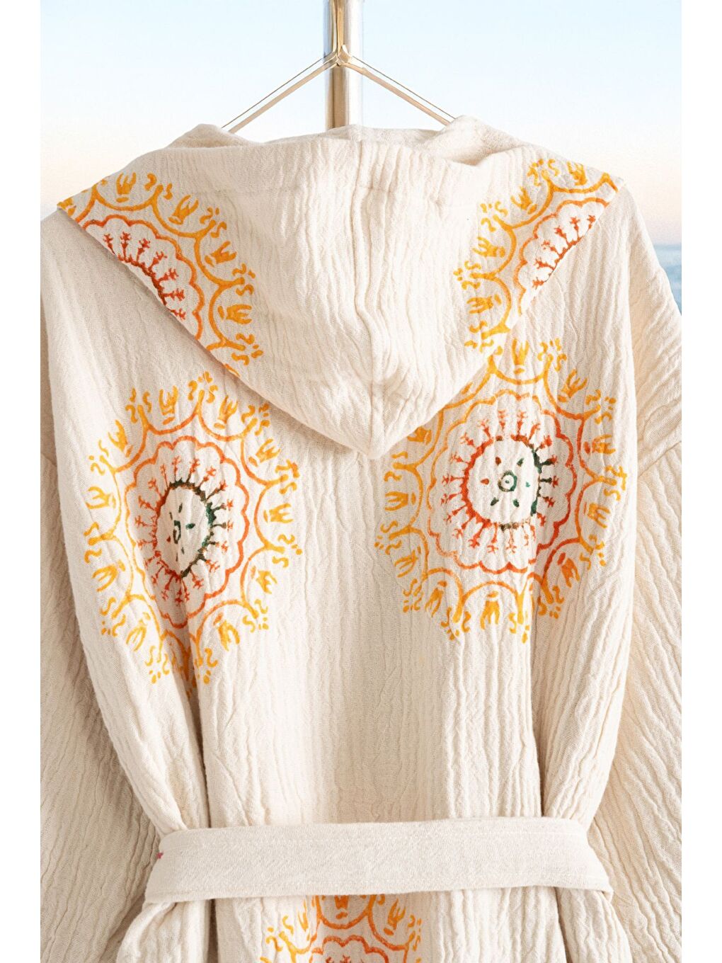 Ekru Organik %100 Pamuk Kapüşonlu Sabalık Bornoz Plaj Elbisesi - Lumora-KREM-S/M-2