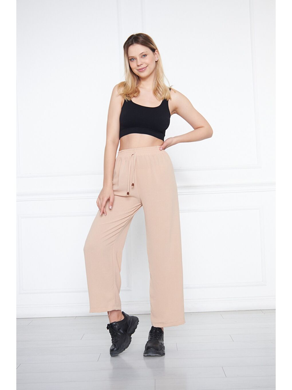 Ekru Kadın Aerobin Geniş Paça Palazzo Bel Lastikli Pantolon-7